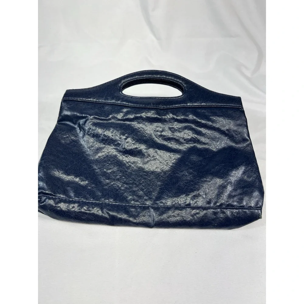 Vintage Navy Blue Faux Leather Clutch Purse Handbag Fold Over Snap Closure‎